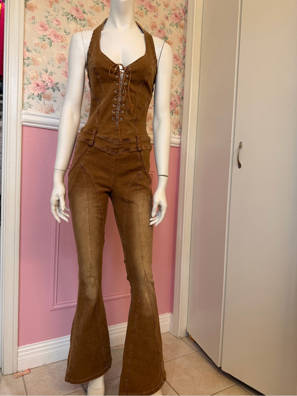 Y2K Brown Lace-Up Halter Flared Jumpsuit